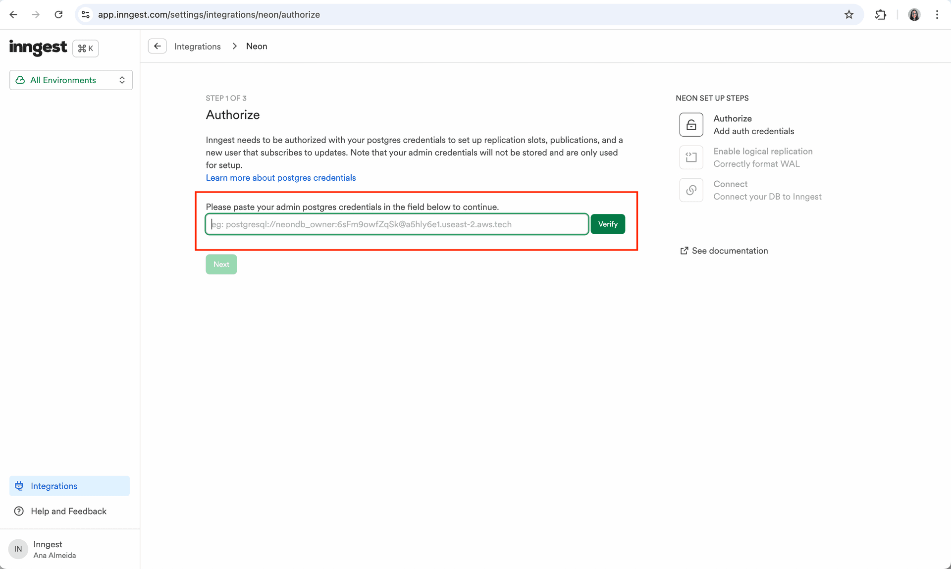 Neon authorization step inside the Inngest integrations page