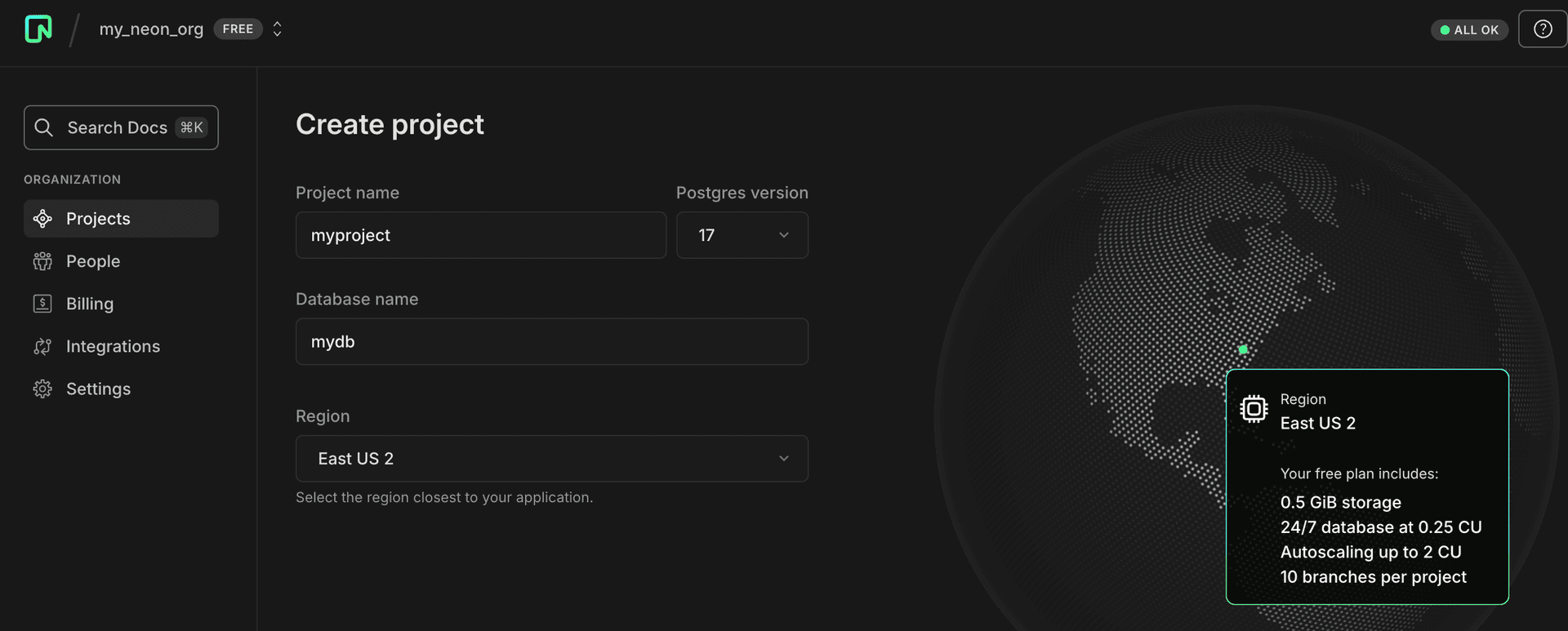 Create project dialog for Azure